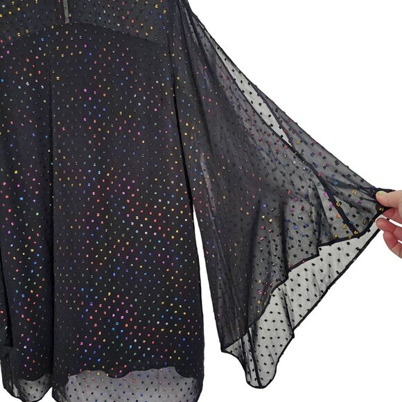 Trina Turk XL Black Rainbow Clip Dot Polkadot Tunic Top Sheer‎ Slit Bell Sleeve - Picture 6 of 15